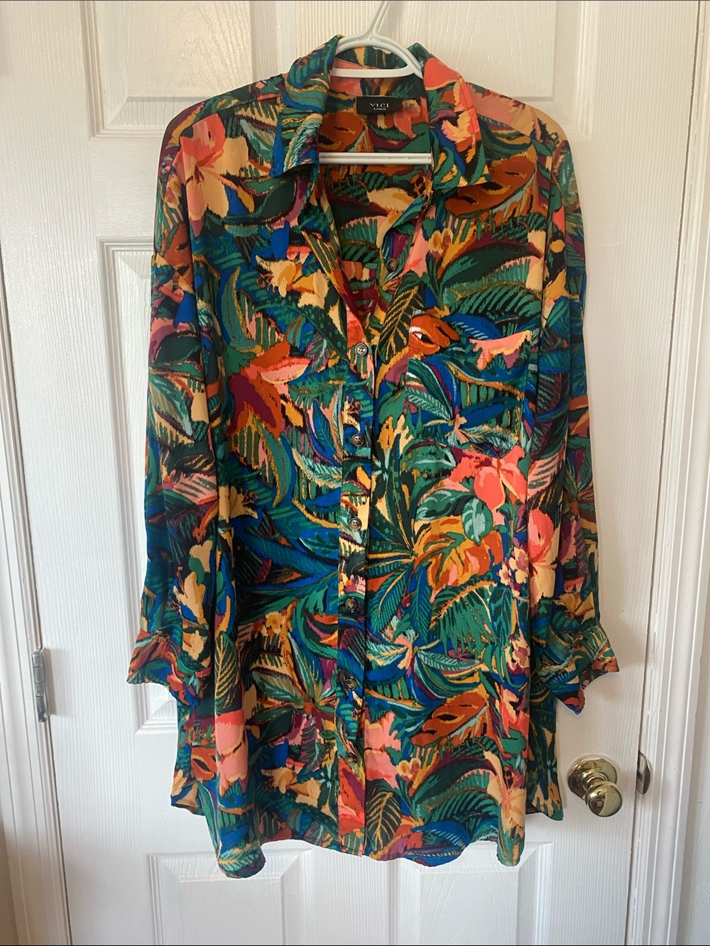VICI Tropical Leaf Print Midi Dress in Teal, Coral, Yellow